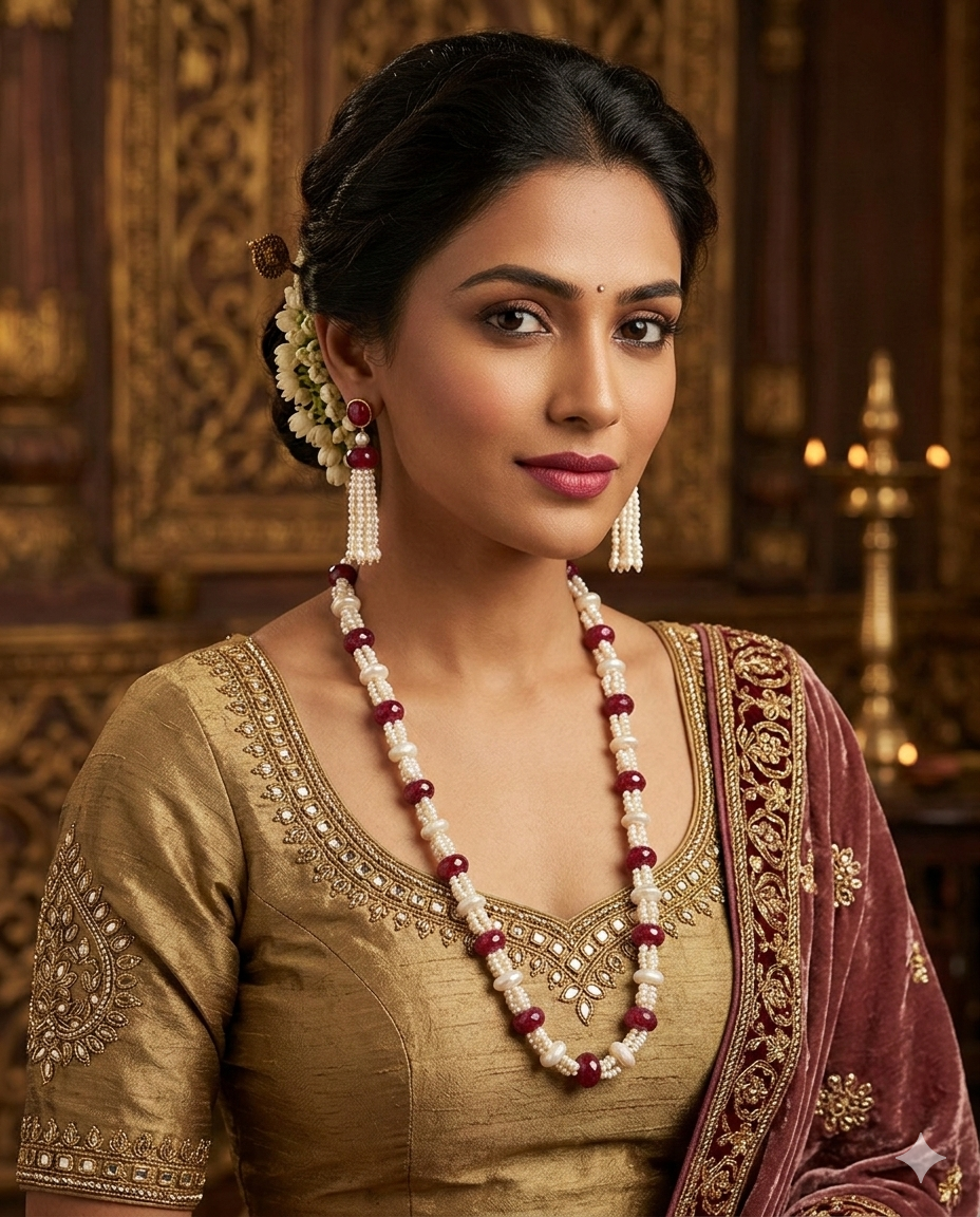 Classic Ruby Bead & Pearl Long Necklace Set