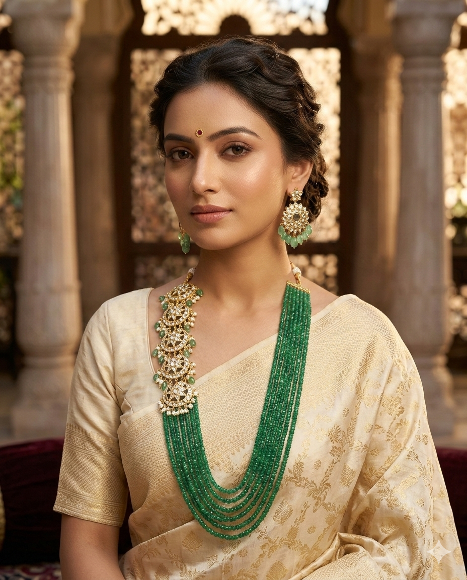 Royal Emerald Multi-Layer Beaded Necklace with Designer Side Pendant