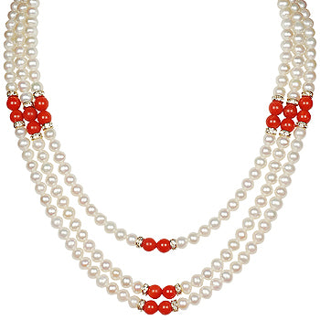 Freshwater Real Pearl Necklace with Red Stones