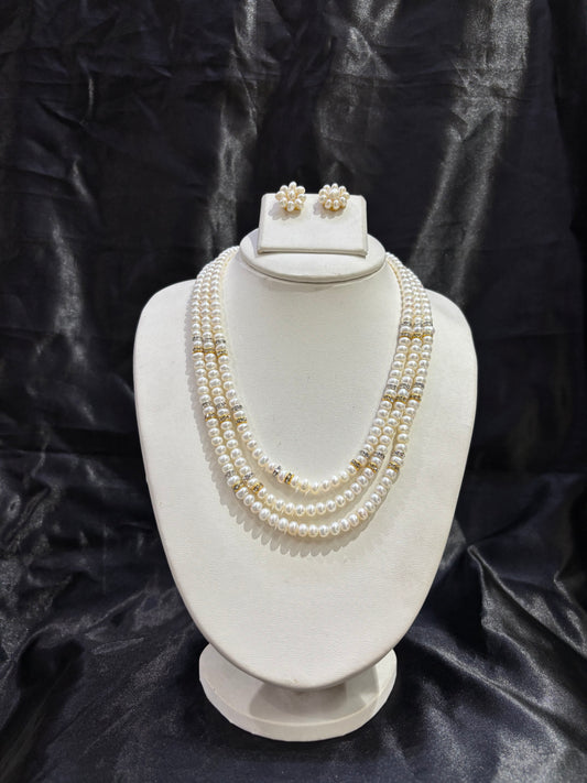 Classic Triple Layer Freshwater Pearl Necklace Set