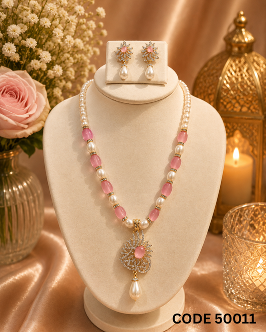 Pink Stone Freshwater Pearl Necklace Set with Designer Pendant – Code 50011