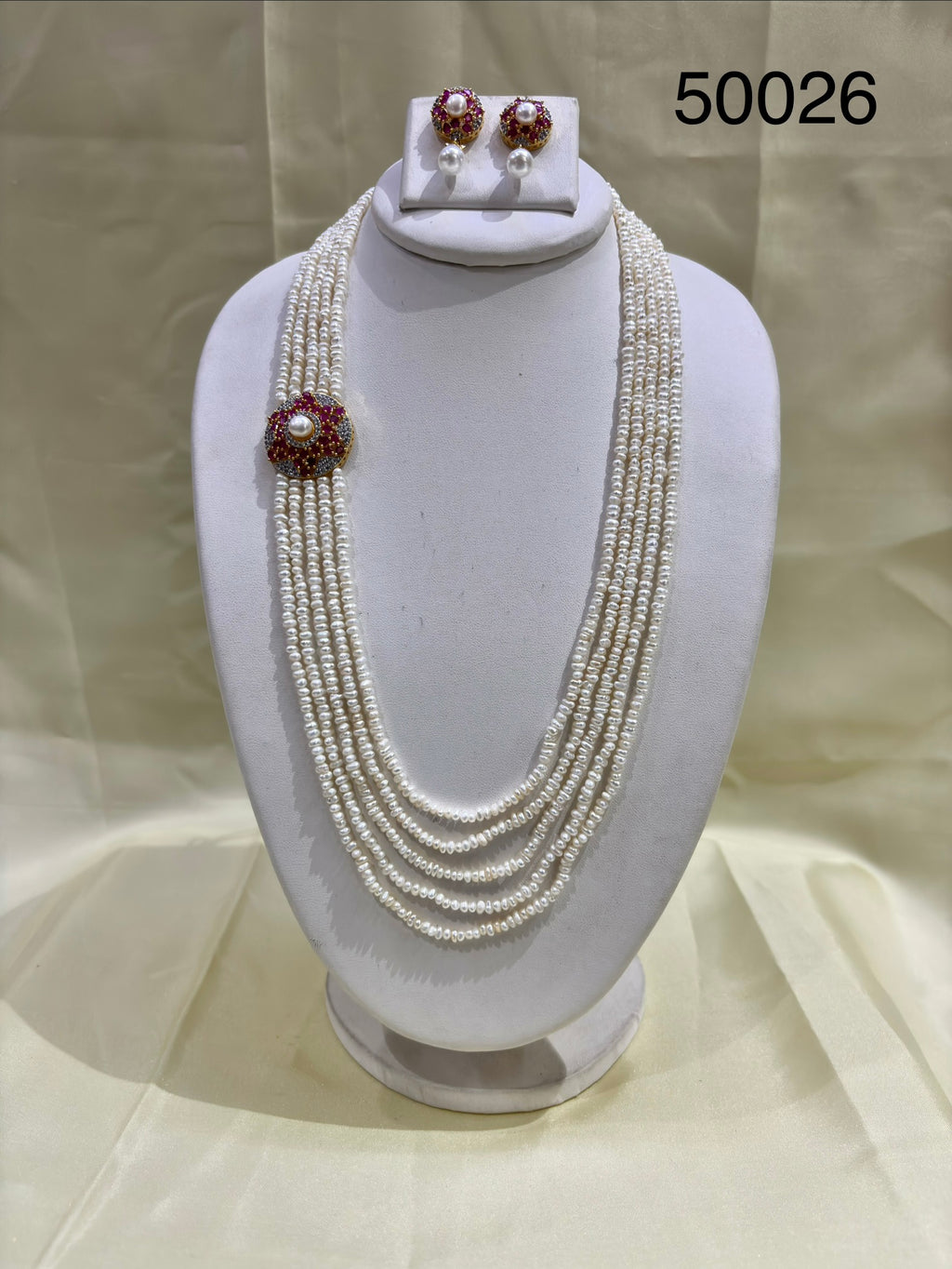 White Pearl Multi-Strand Necklace Set with Ruby-Coloured Floral Motifs