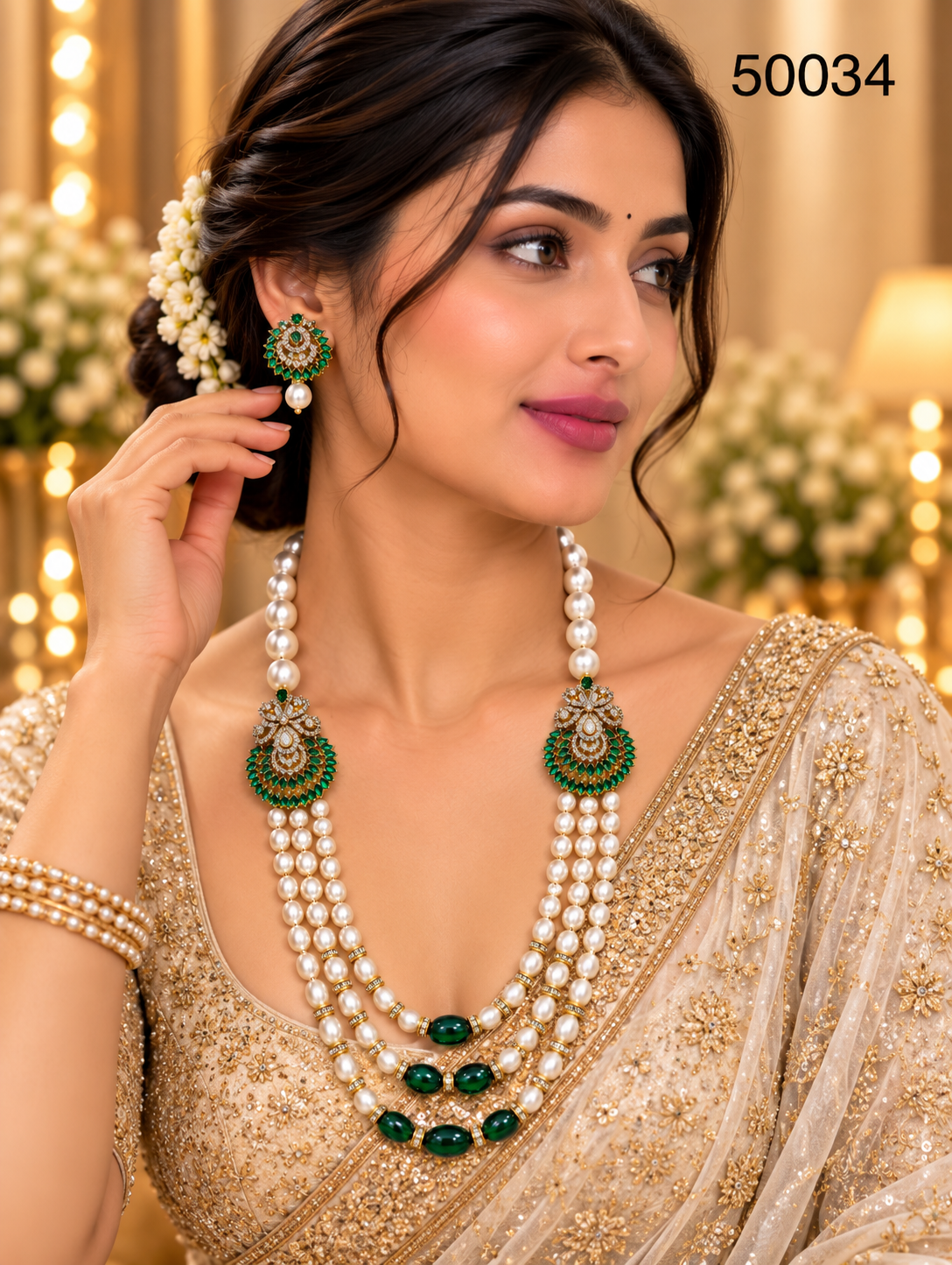 Green Pearl Multi-Strand Necklace Set with Emerald Designer Motifs