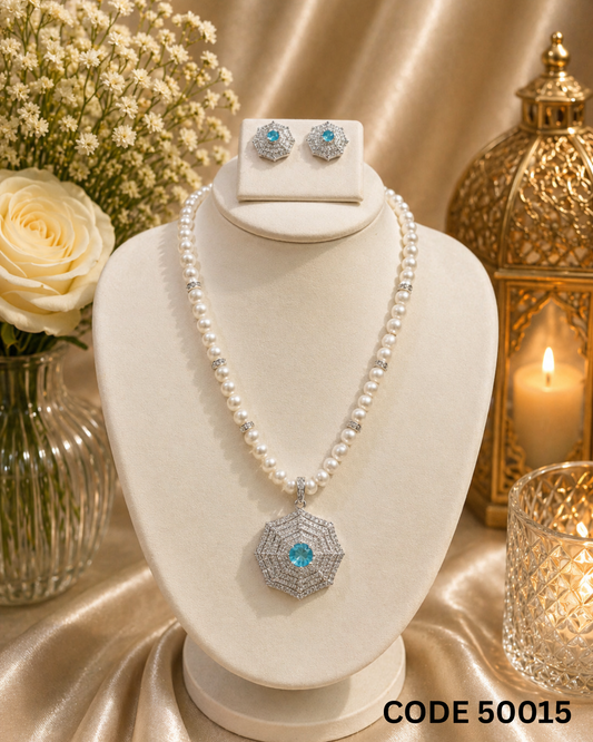 Freshwater Pearl Necklace Set with Sky Blue CZ Pendant – Code 50015