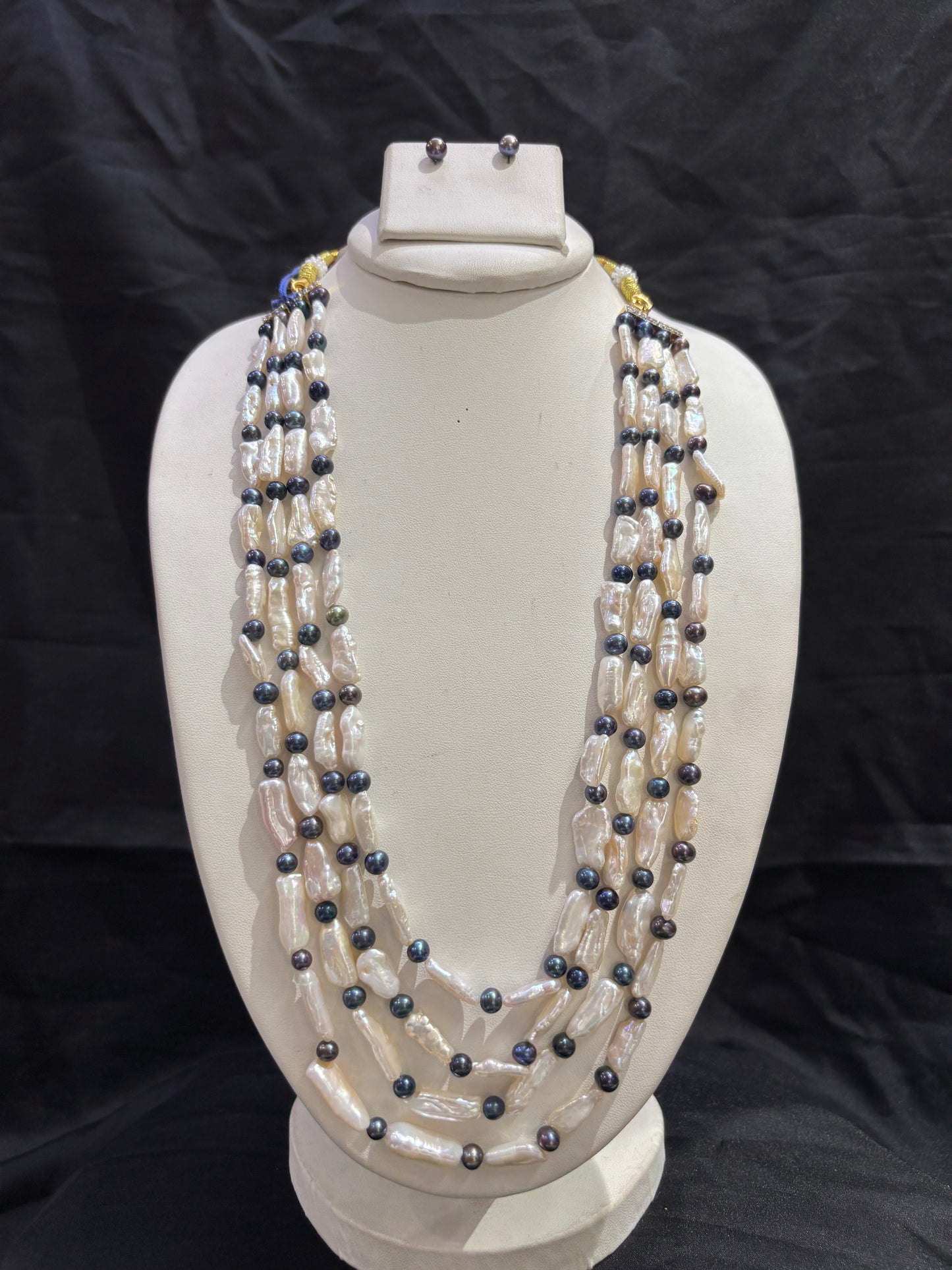 Designer Baroque Pearl & Black Pearl 4-Line Necklace Set