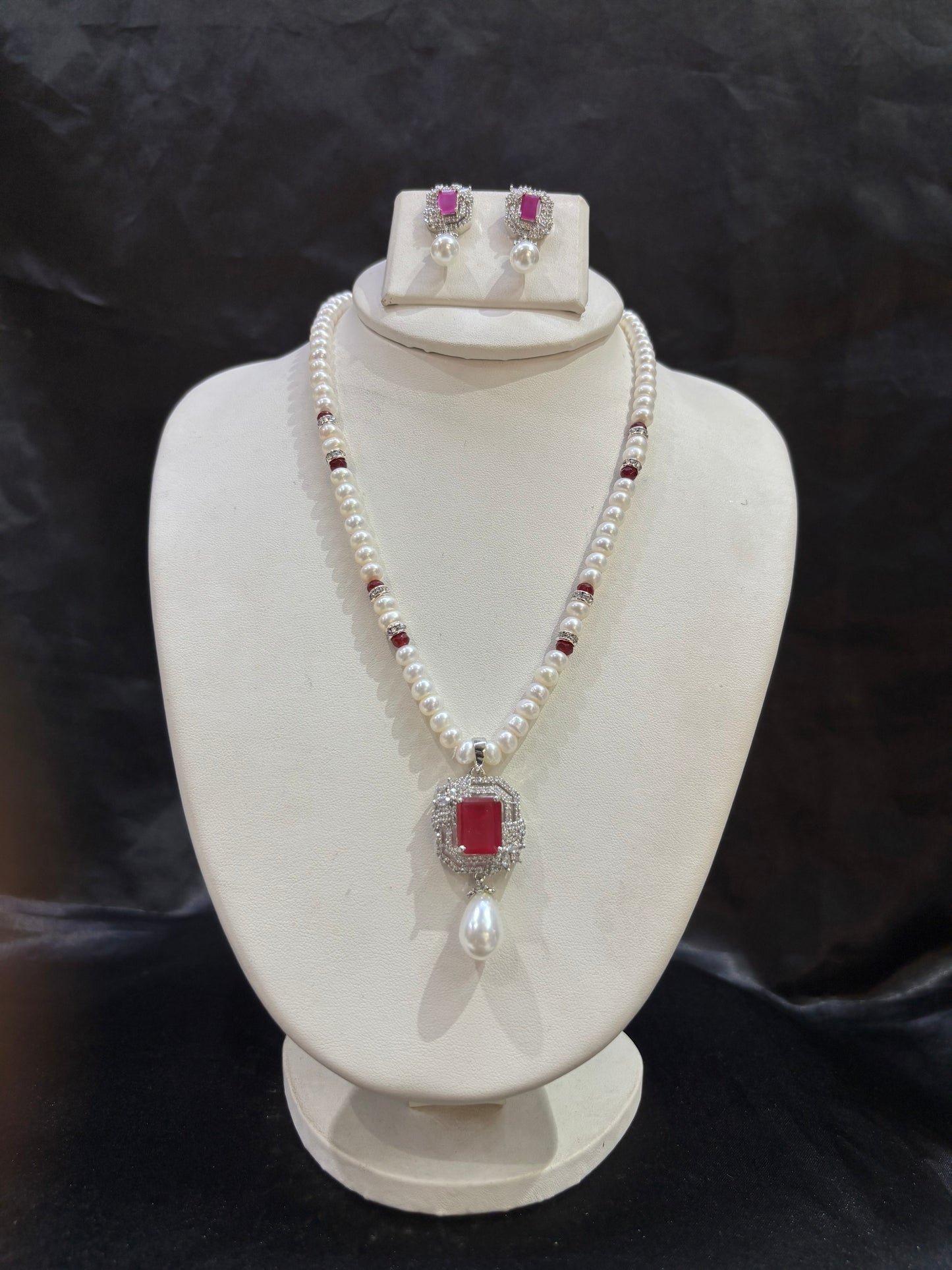 Freshwater Pearl Necklace Set with Ruby Red CZ Pendant – Code 50021