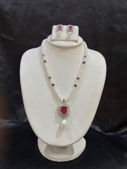 Freshwater Pearl Necklace Set with Ruby Red CZ Pendant – Code 50021