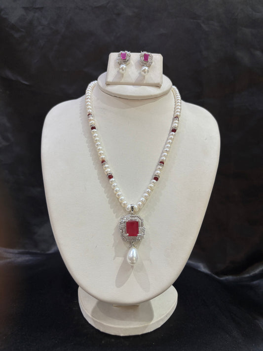 Freshwater Pearl Necklace Set with Ruby Red CZ Pendant – Code 50021