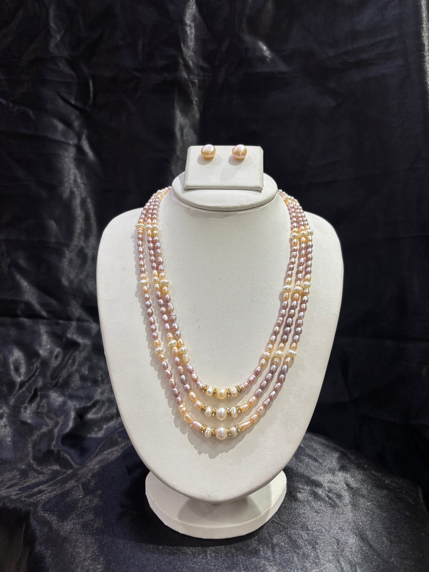 Luxury Triple Layer Multicolor Freshwater Pearl Necklace Set