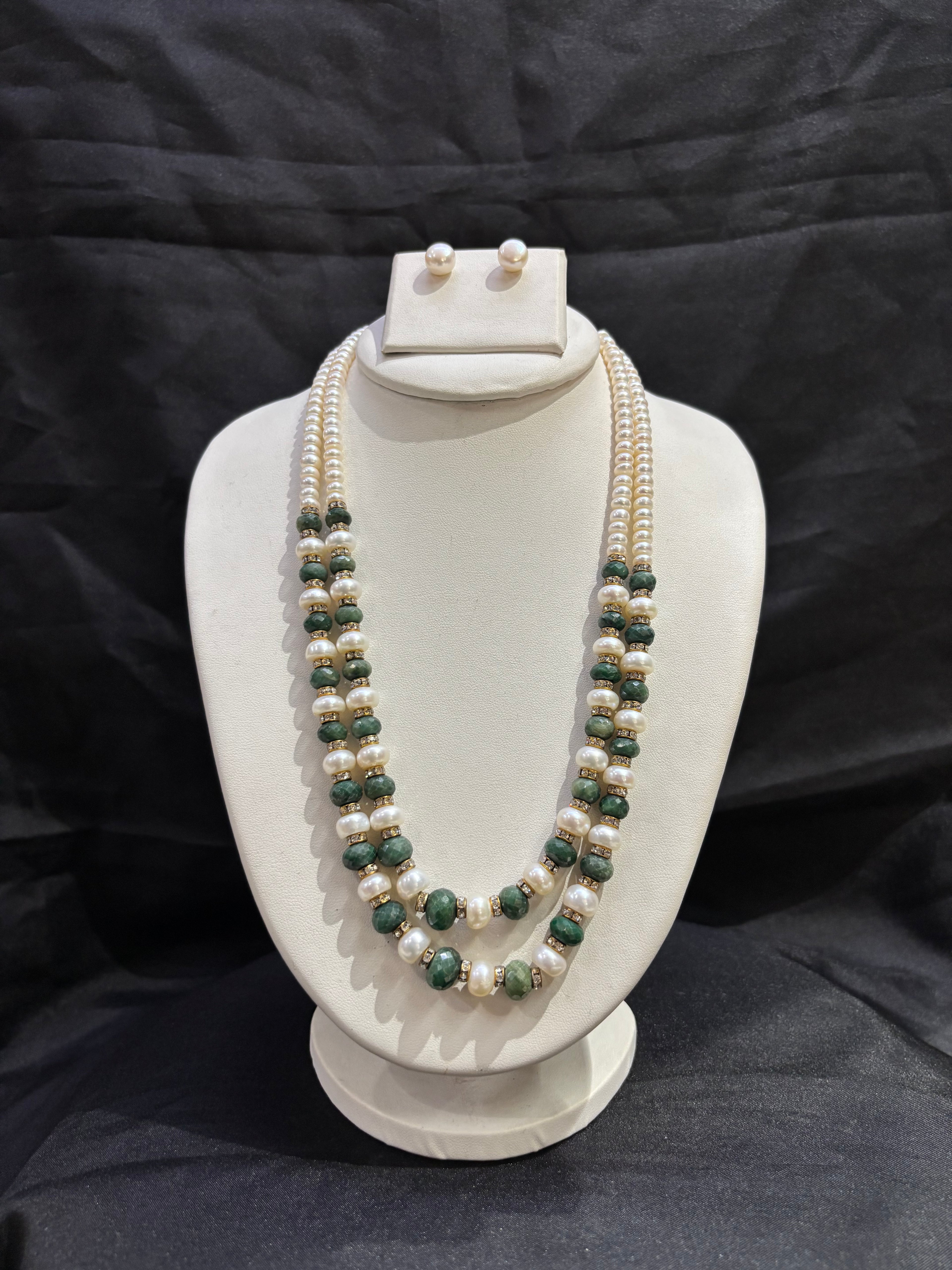 Luxury Double Layer Freshwater Pearl Necklace Set with Green Gemstone Beads