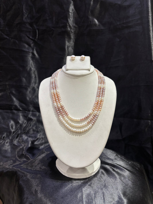 Elegant Triple Layer Pink & White Freshwater Pearl Necklace Set