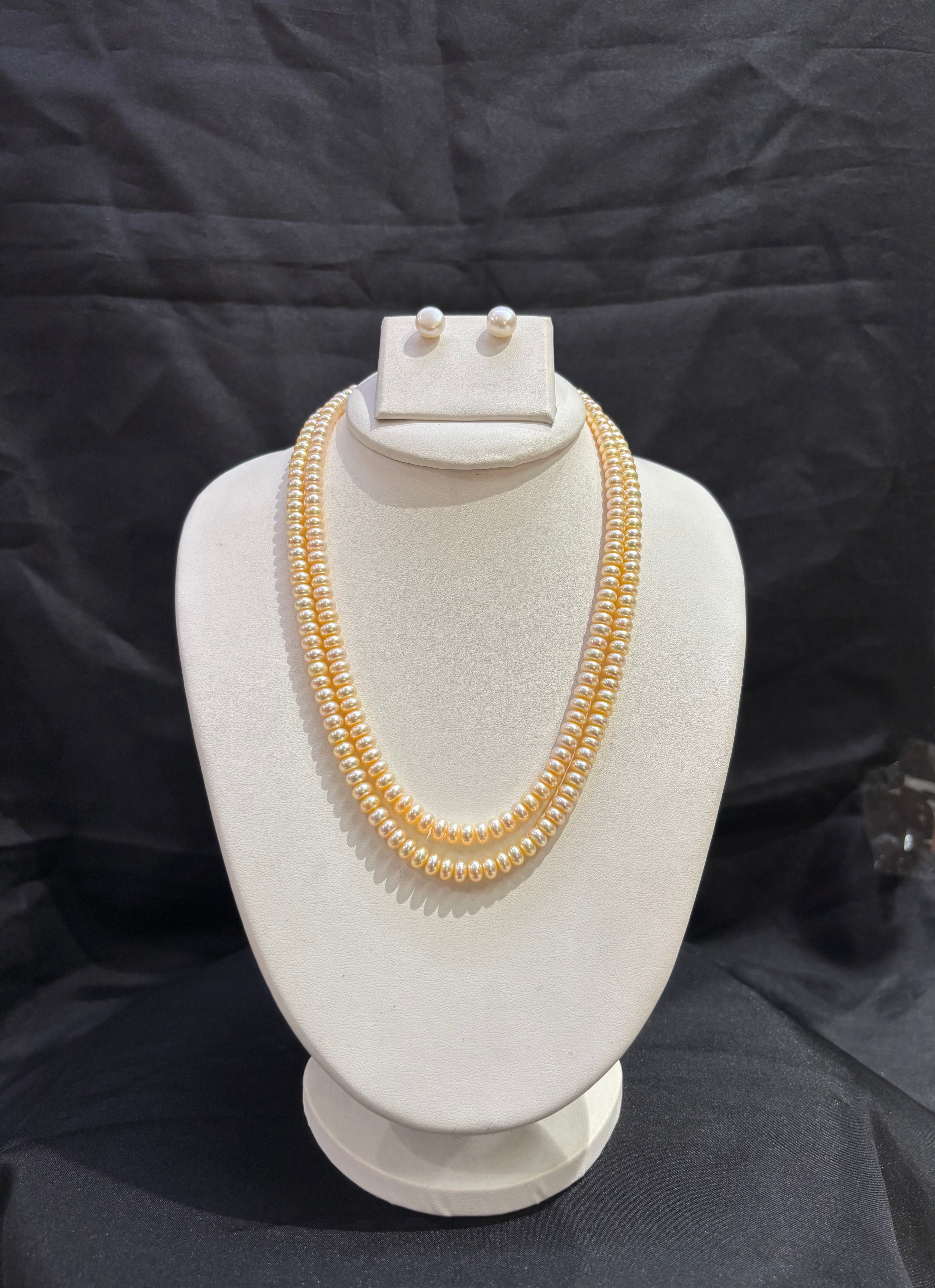 Classic Double Layer Golden Freshwater Pearl Necklace Set