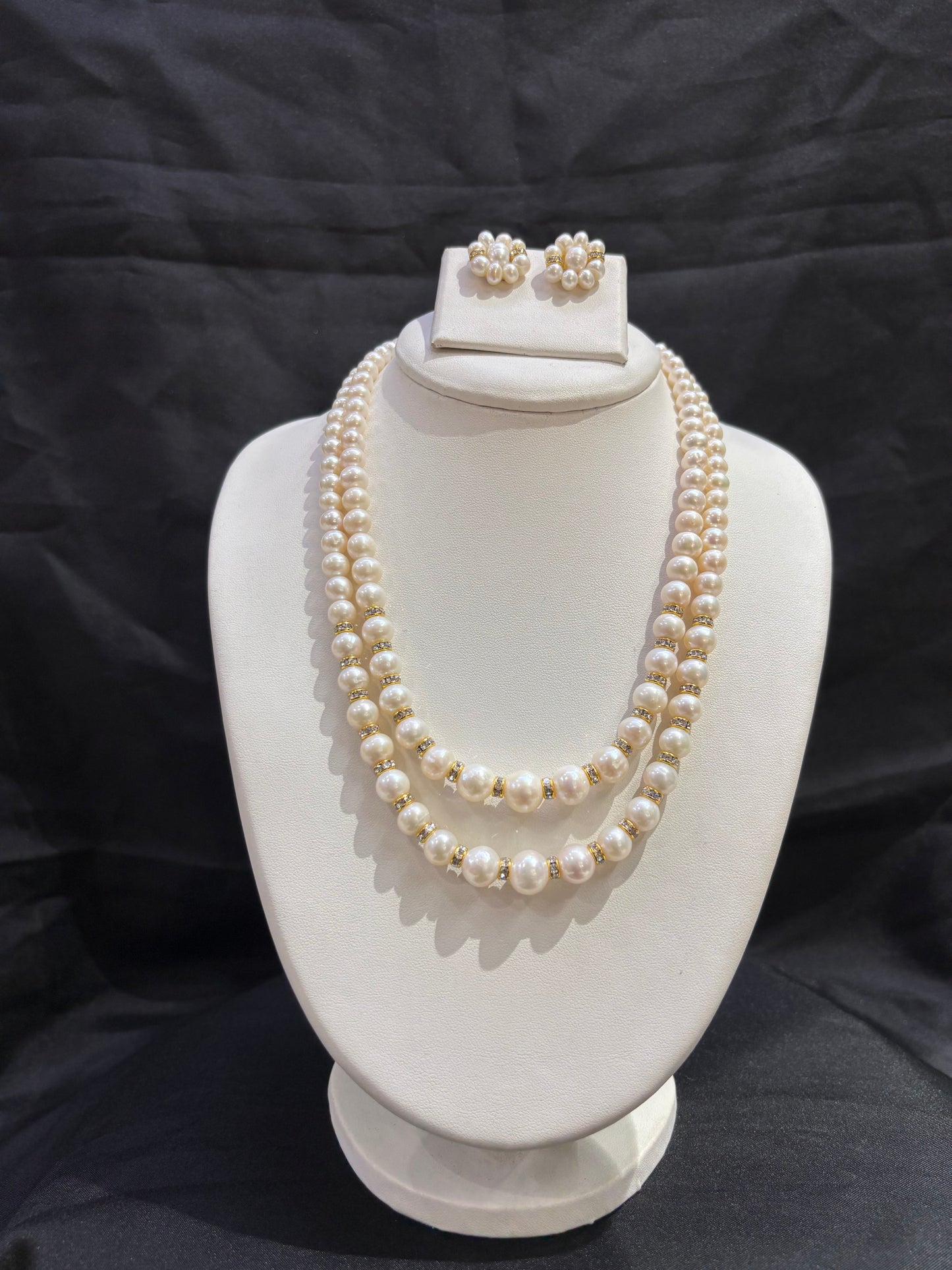 Luxury Triple Layer White Freshwater Pearl Necklace Set with Floral Earrings