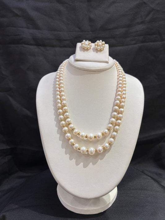 Luxury Triple Layer White Freshwater Pearl Necklace Set with Floral Earrings