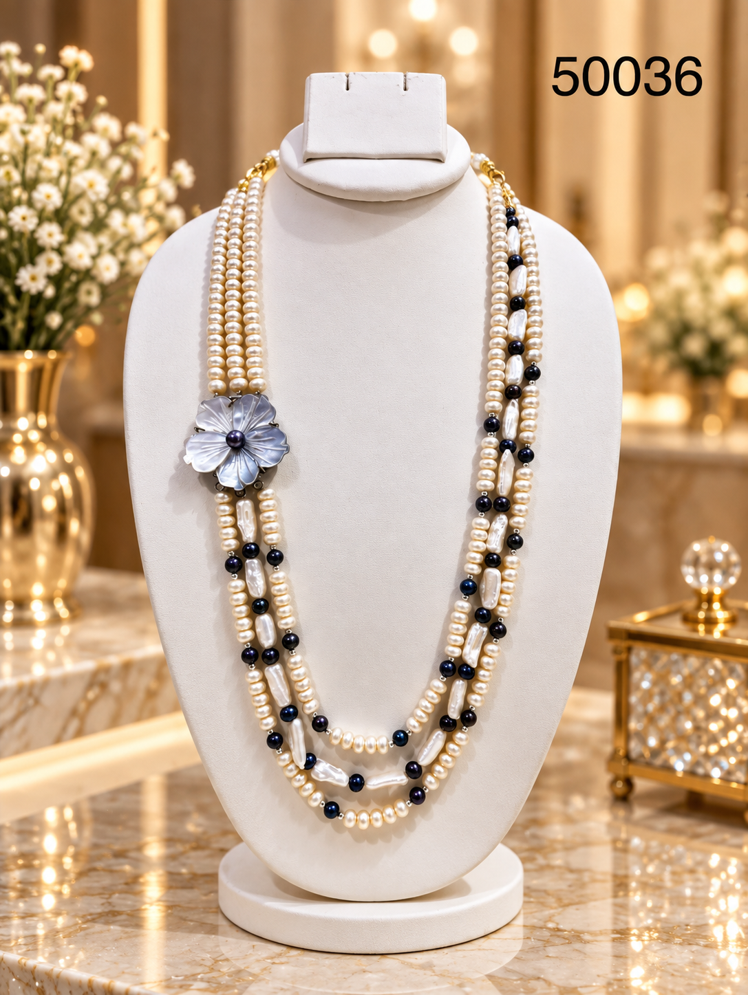 Blue Pearl Multi-Strand Necklace Set with Floral Designer Motif