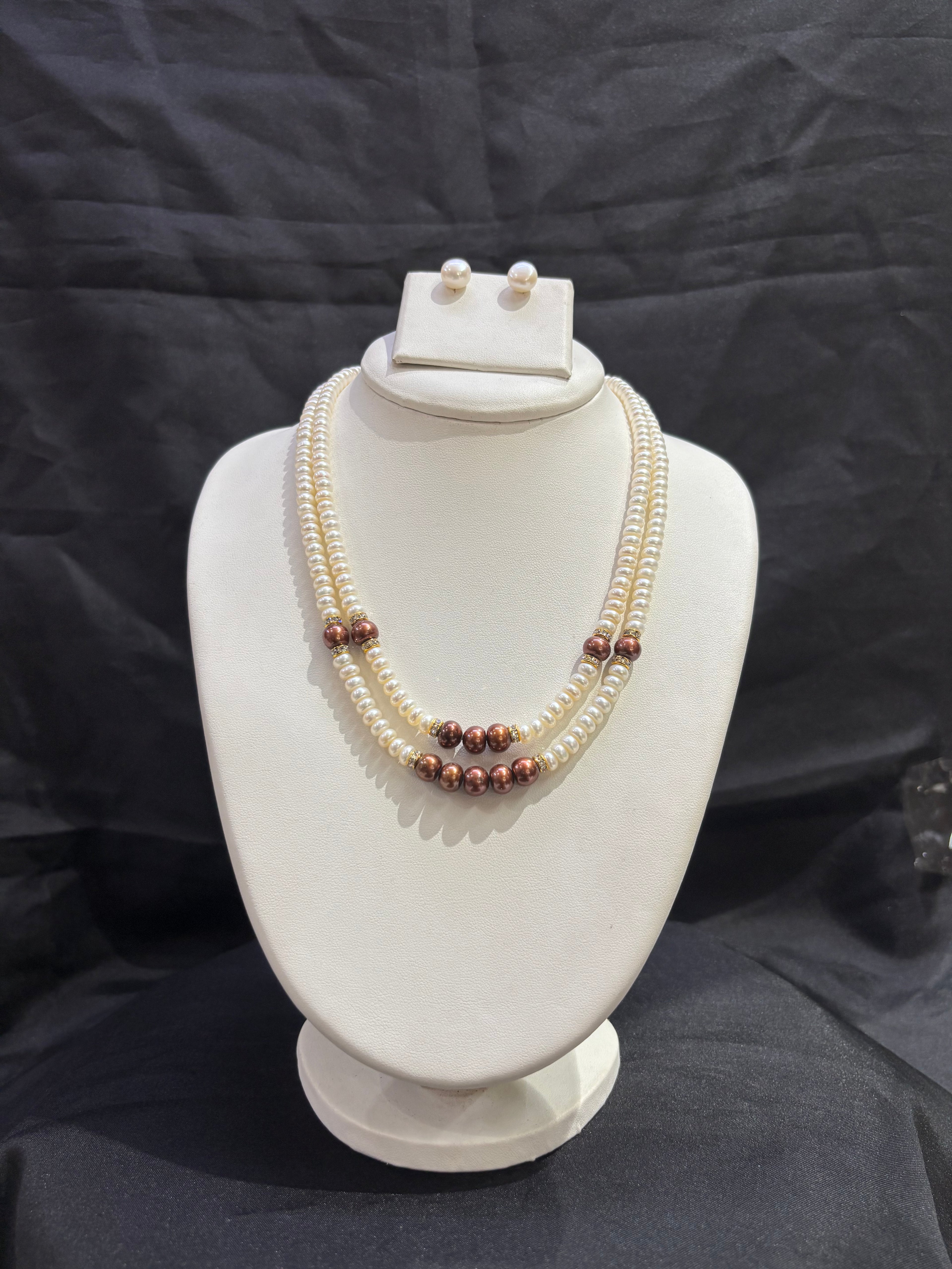 Double Layer Freshwater Pearl Necklace Set with Chocolate Pearl Accents