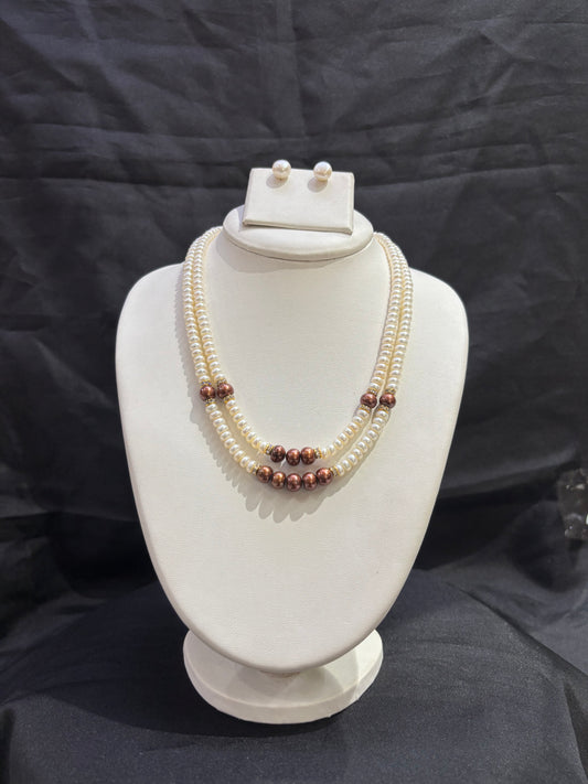 Double Layer Freshwater Pearl Necklace Set with Chocolate Pearl Accents