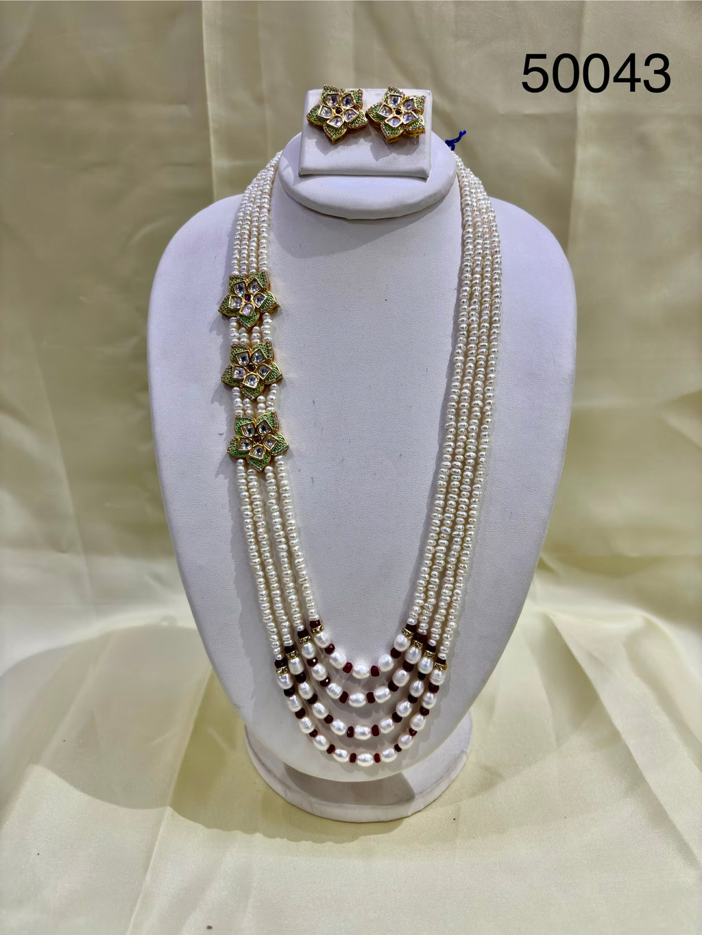 Green & Ruby Pearl Multi-Strand Necklace Set with Designer Motifs
