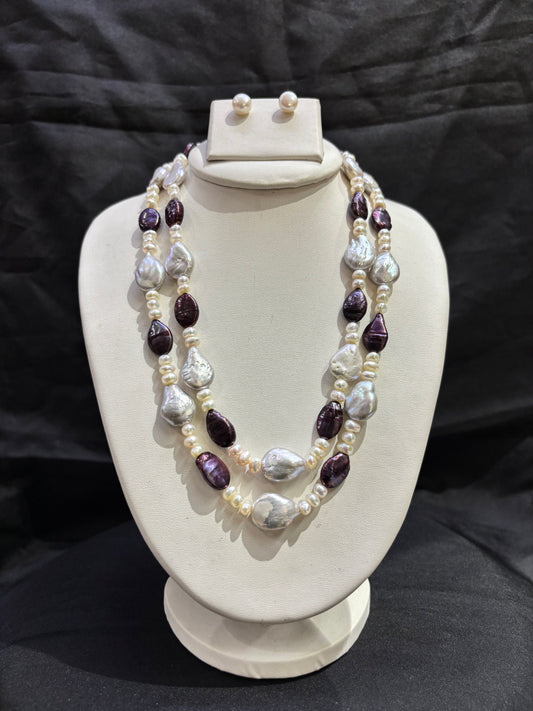 Baroque Pearl Statement Necklace with Purple Accent Pearls
