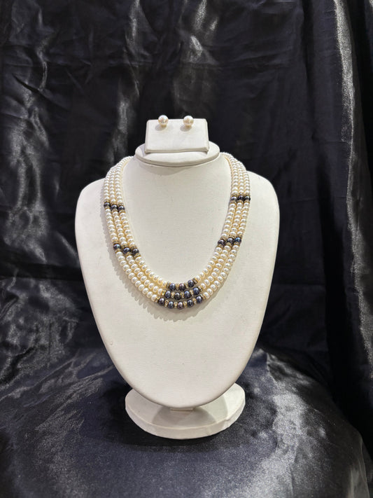Elegant Triple Layer Pearl Necklace Set with Peacock Accents