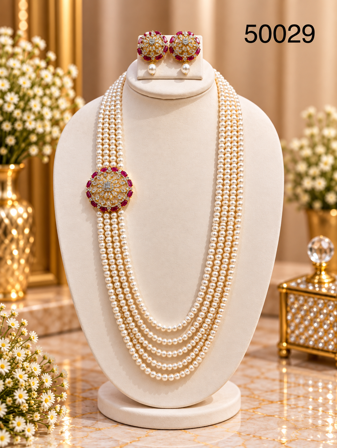 White Pearl Multi-Strand Necklace Set with Ruby-Coloured Floral Motifs