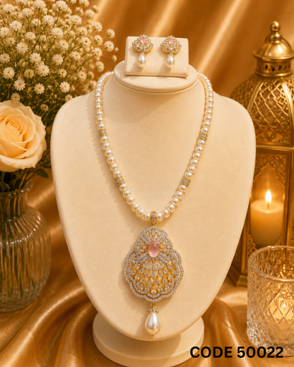 Freshwater Pearl Necklace Set with Blush Pink CZ Designer Pendant – Code 50022