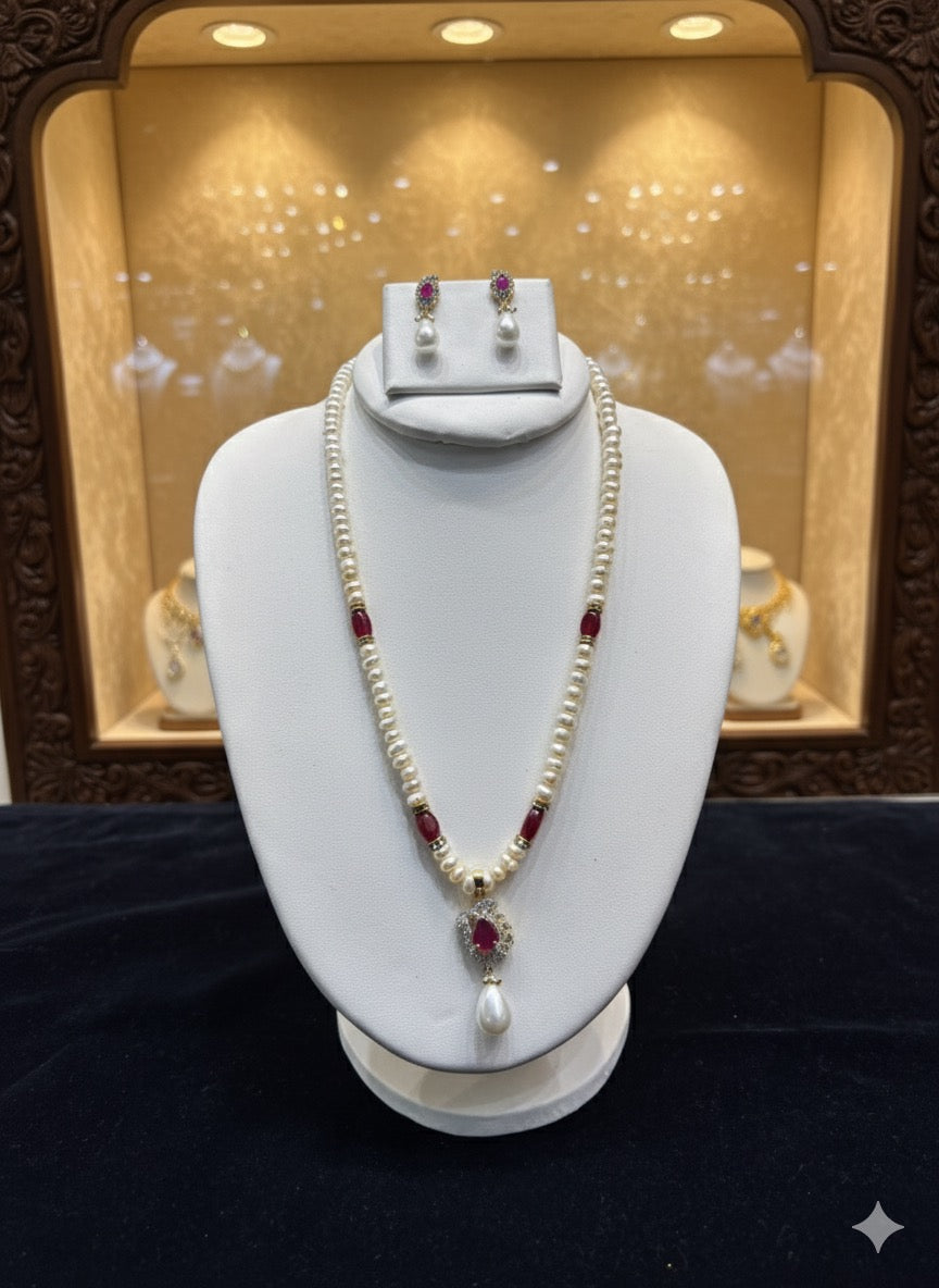 Pearl & Ruby Necklace Set with Earrings