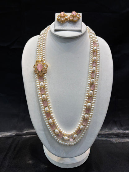 Pearl Side Brooch Necklace Set (Dual-Layer) with Earrings