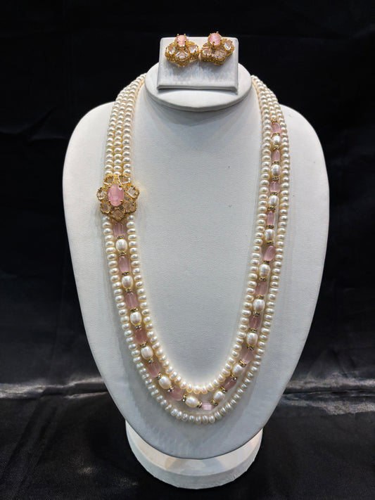 Pearl Side Brooch Necklace Set (Dual-Layer) with Earrings