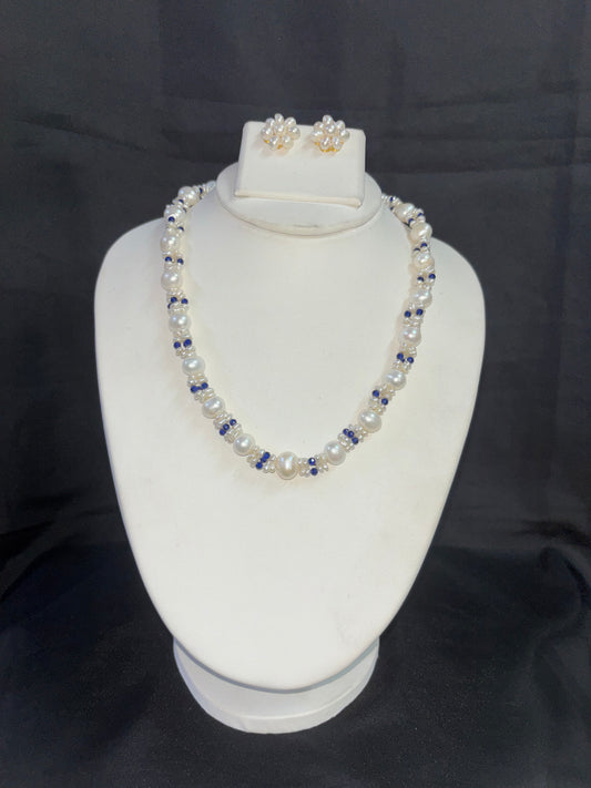 Freshwater Pearl & Blue Crystal Necklace Set