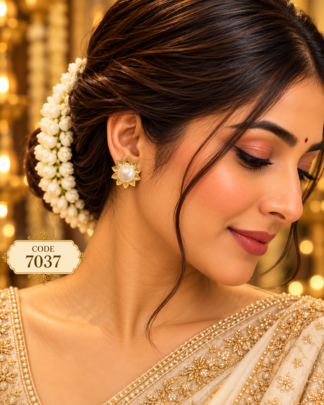 Golden Pearl Floral Stud Earrings