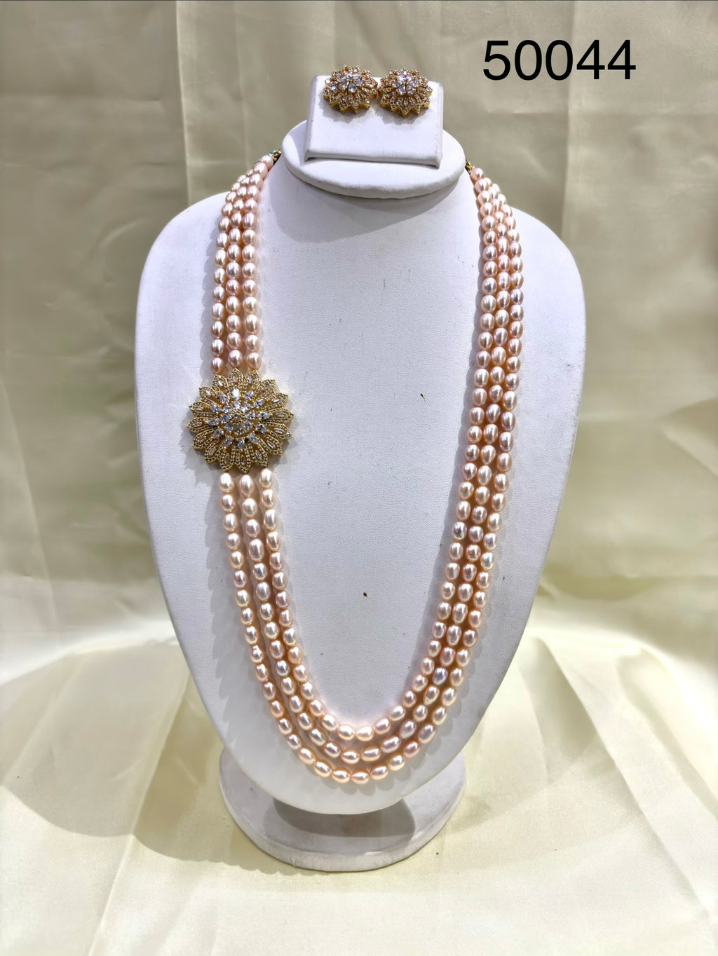 Rose Pink Pearl Multi-Strand Necklace Set with Floral Design