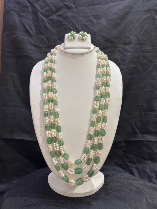 Premium Emerald Green Gemstone & Seed Pearl 3-Line Luxury Necklace Set