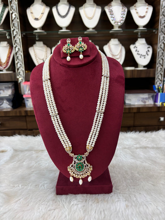 Grand Pearl Necklace Set with Green Stone Pendant & Earrings