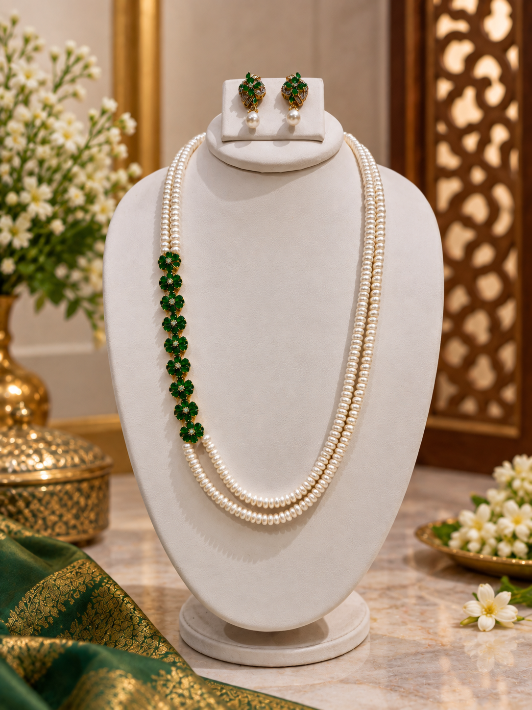 Emerald Green Stone Freshwater Pearl Multi-Strand Necklace Set
