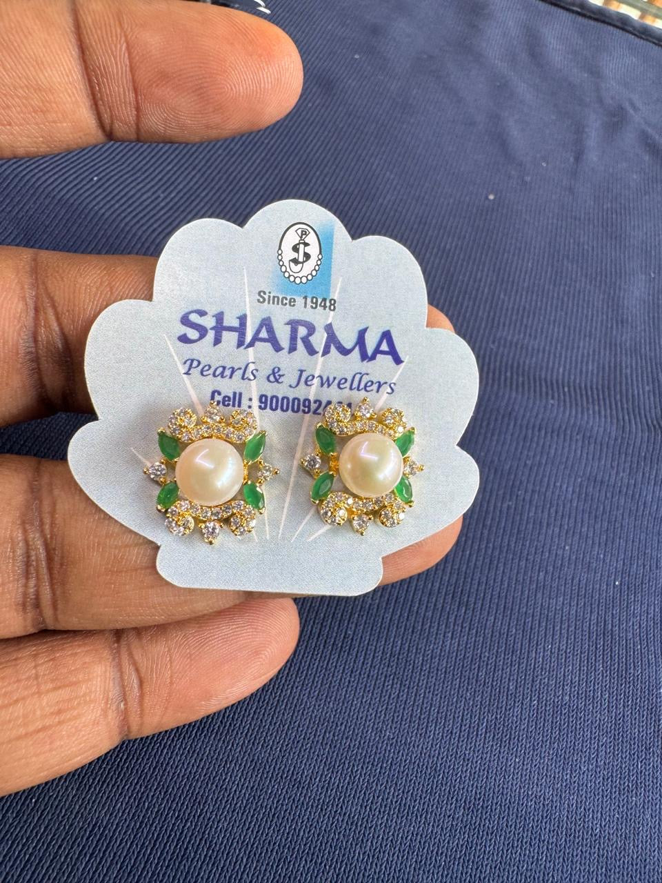 Green & Pearl Floral Stud Earrings – Code 7029
