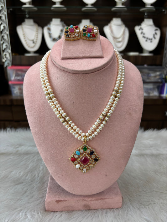 Navratna Pearl Necklace Set with Earrings