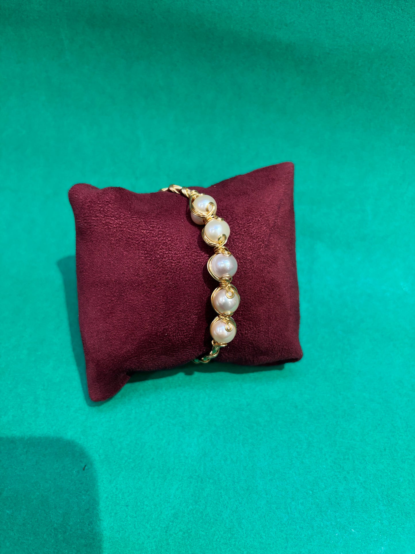 Handcrafted Wire-Wrapped Freshwater Pearl Bracelet – Gold Finish