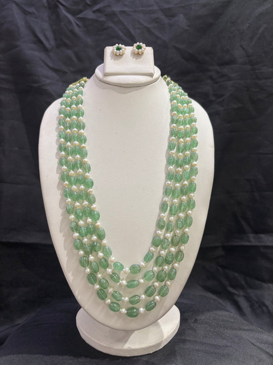 Luxury Green Gemstone & Freshwater Pearl 4-Line Necklace Set