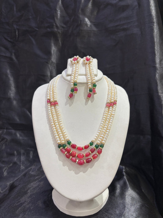 Traditional Triple Layer Pearl Necklace Set with Pink & Green Stones