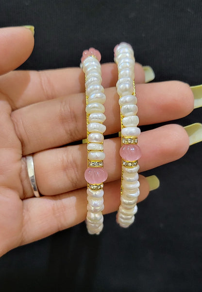 Set of 2 | Real Pearl Bangles with Gold Alloy Base (Pink) | Sizes 2.2 to 2.10