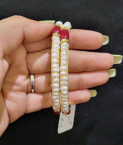 Set of 2 | Real Pearl Bangles with Gold Alloy Base (Red) | Sizes 2.2 to 2.10