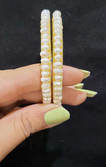 Set of 2 | Real Pearl Bangles with Gold Alloy Base (Pure White) | Sizes 2.2 to 2.10