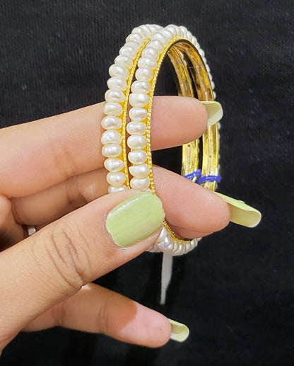 Set of 2 | Real Pearl Bangles with Gold Alloy Base (Pure White) | Sizes 2.2 to 2.10