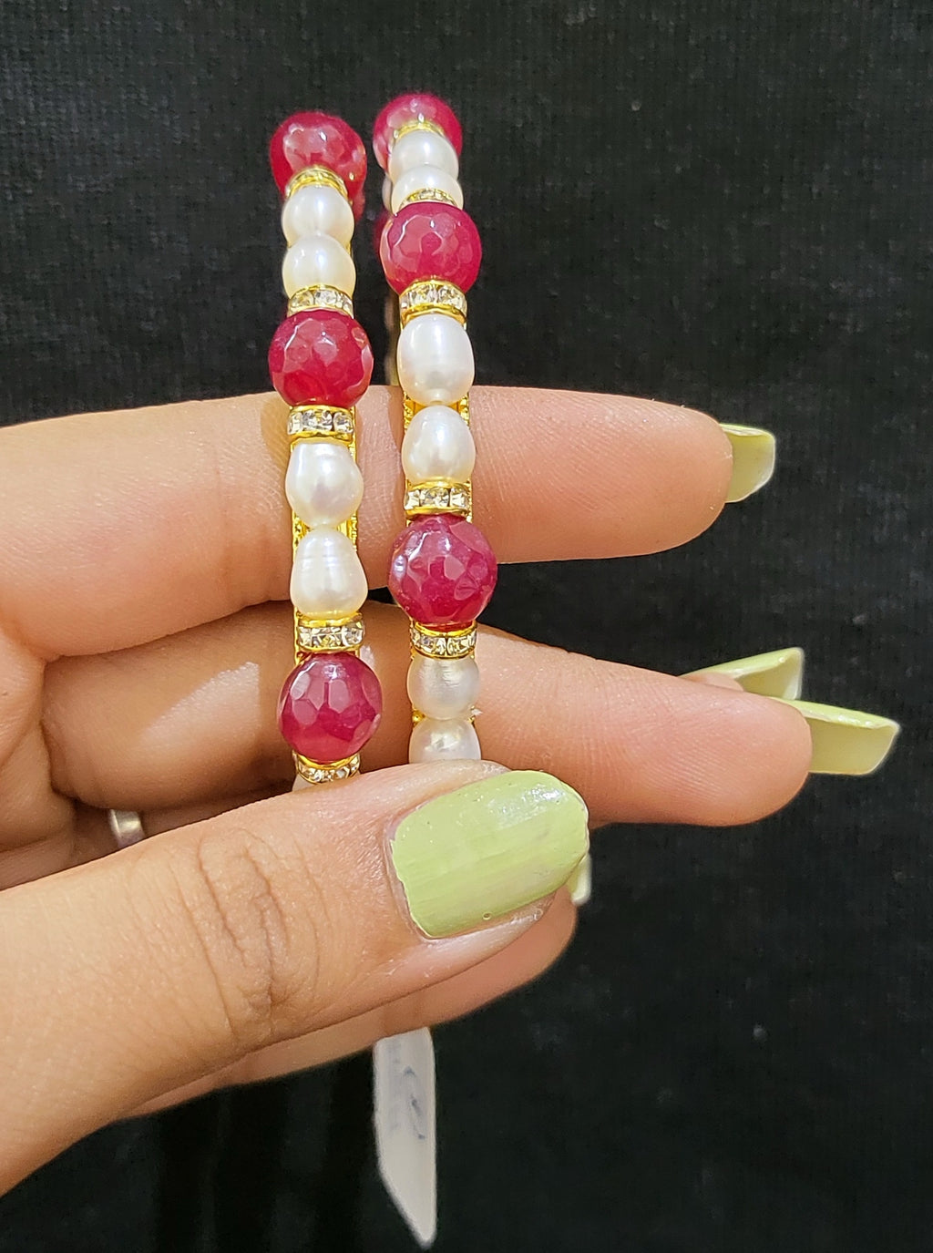 Set of 2 | Real Pearl Bangles with Gold Alloy Base (Hot Pink) | Sizes 2.2 to 2.10
