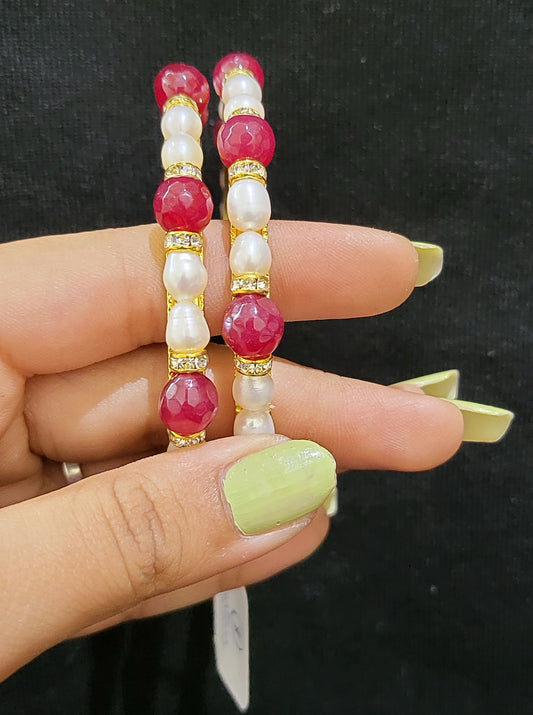 Set of 2 | Real Pearl Bangles with Gold Alloy Base (Hot Pink) | Sizes 2.2 to 2.10