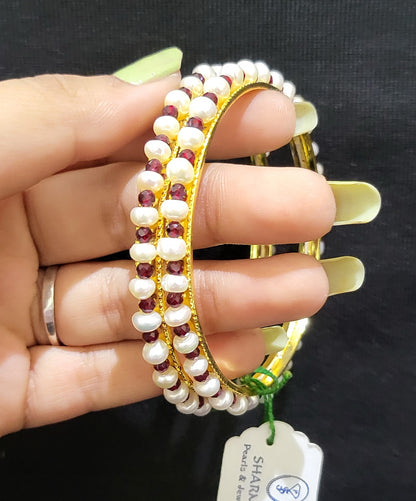 Set of 2 | Real Pearl Bangles with Gold Alloy Base (Small Beads) | Sizes 2.2 to 2.10