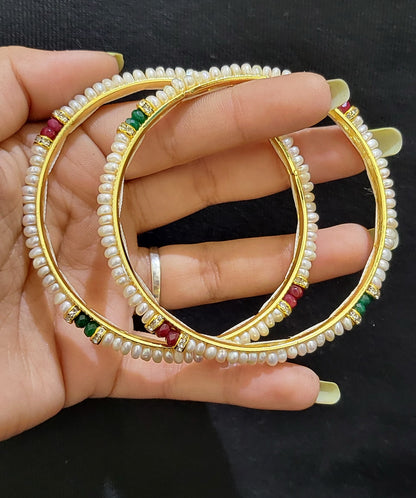 Set of 2 | Real Pearl Bangles with Gold Alloy Base (Small Beads) | Sizes 2.2 to 2.10