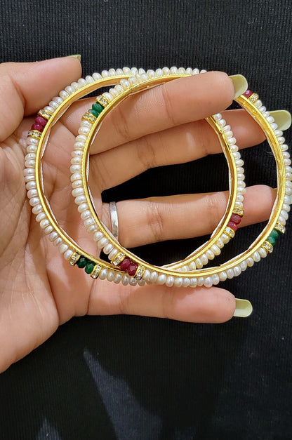 Set of 2 | Real Pearl Bangles with Gold Alloy Base (Small Beads) | Sizes 2.2 to 2.10