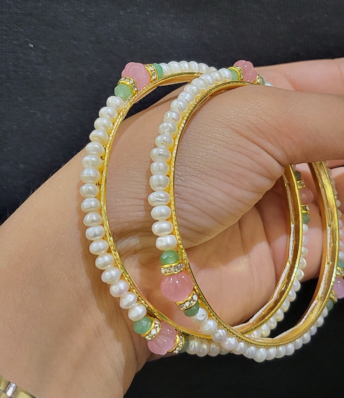 Set of 2 | Real Pearl Bangles with Gold Alloy Base (Pastel Pink) | Sizes 2.2 to 2.10